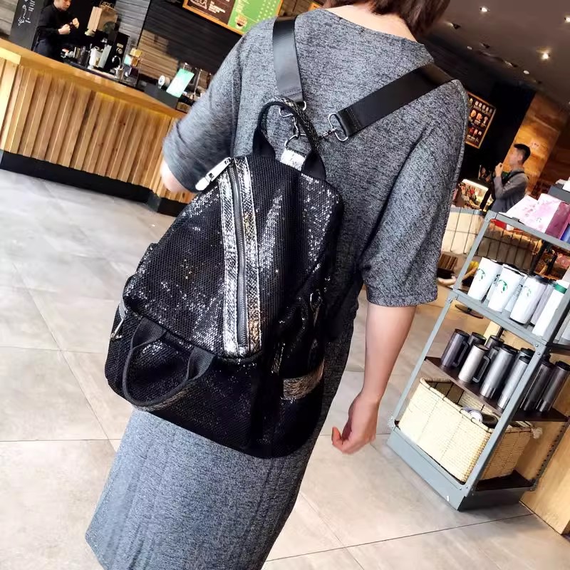 Luxury Bags With Zipper - New Women Nylon Sequins Backpacks High